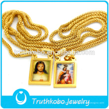 Diseño simple con dos medallas religiosas epóxicas mayorista de acero inoxidable Jesús y Virgen María collar de cadena